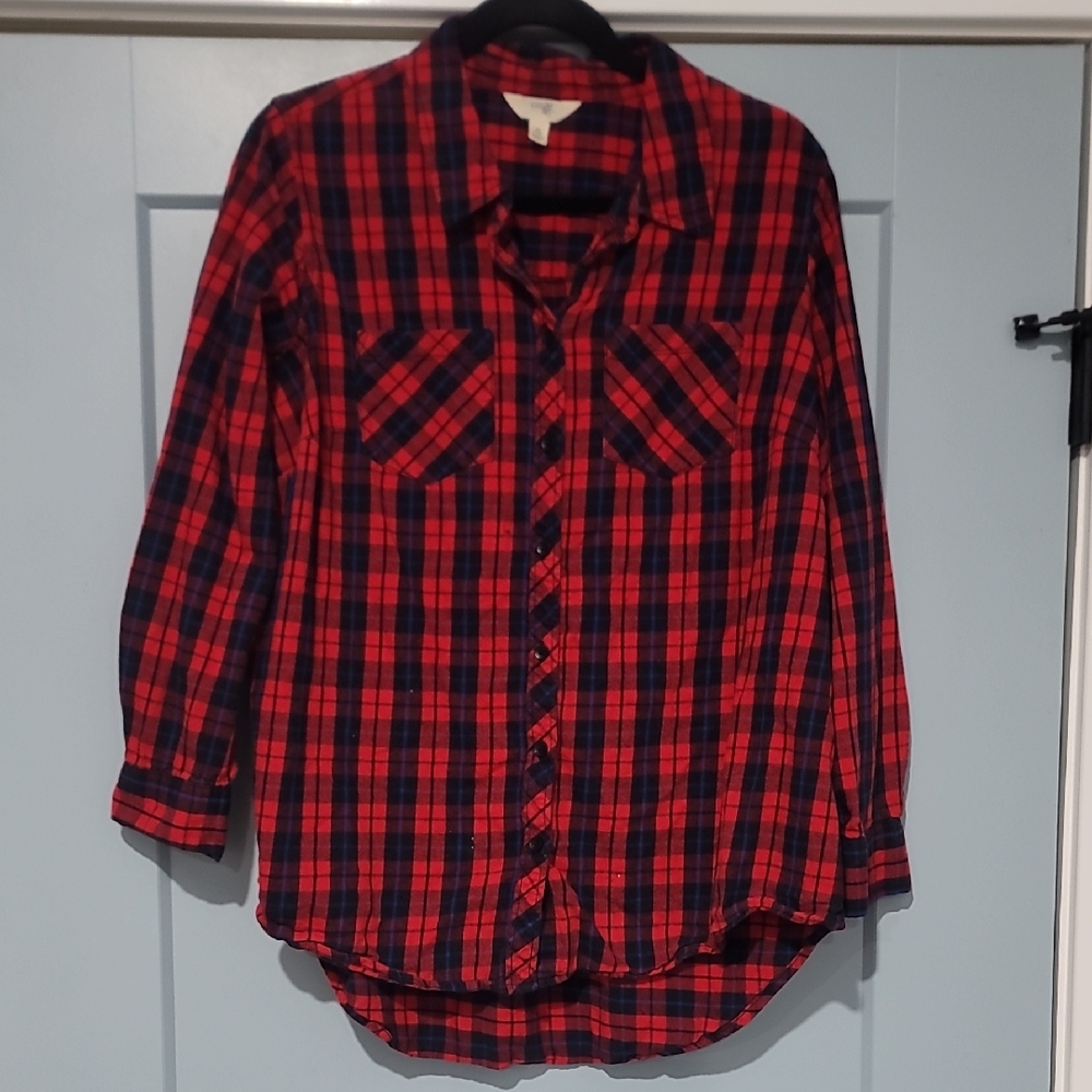 Terra & Sky Women's Plaid Button Down Shirt - Red and Black